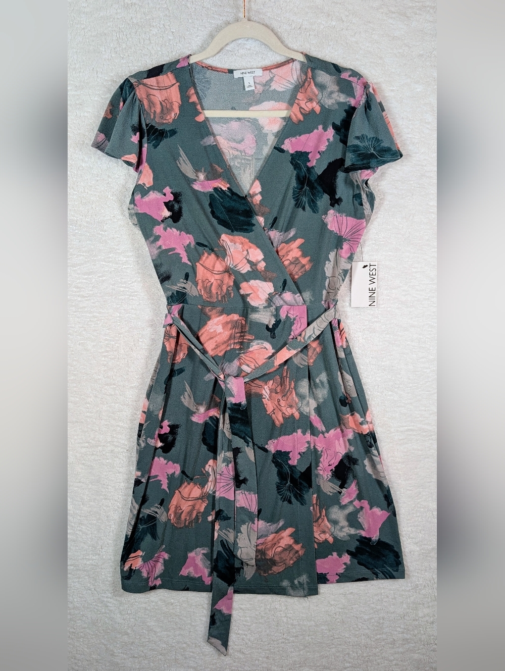 340-Nine West Floral Wrap Mini Dress with Pink & Coral Blooms Very Stretch